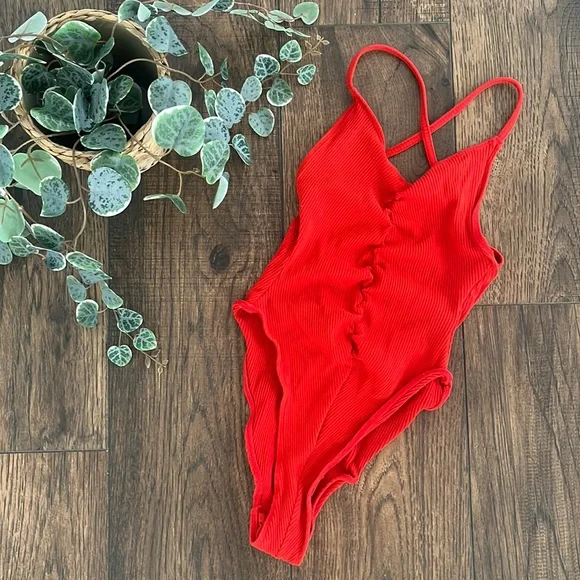 Urban Outfitters Out From Under Vera Ruched Ribbed Bodysuit in Red - Picture 1 of 7